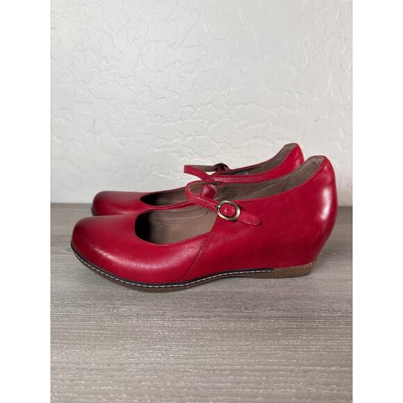 Dansko Loralie Shoes Womens 39 US 8 Mary Janes Wedge Red Burnished Leather Boho - Picture 2 of 9